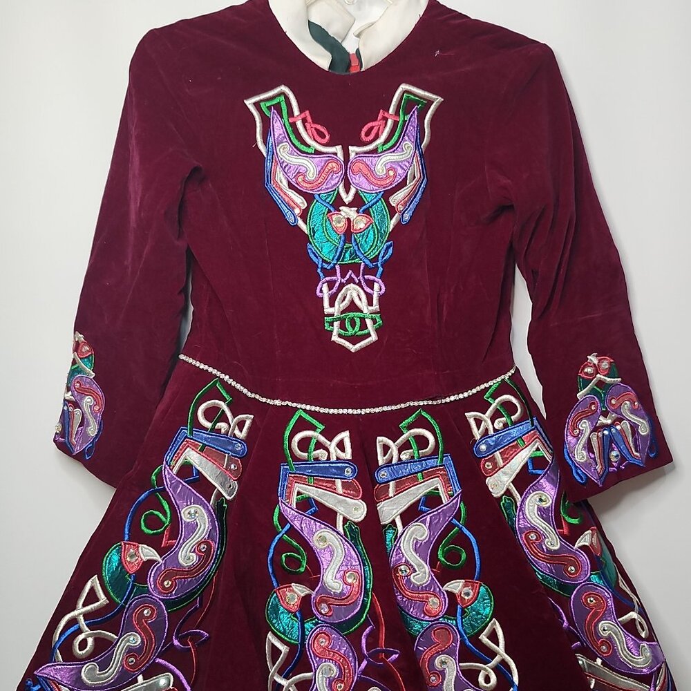 Irish Dance Dress Traditional Folk Step Girls Velvet Maroon  Dress (U25)
